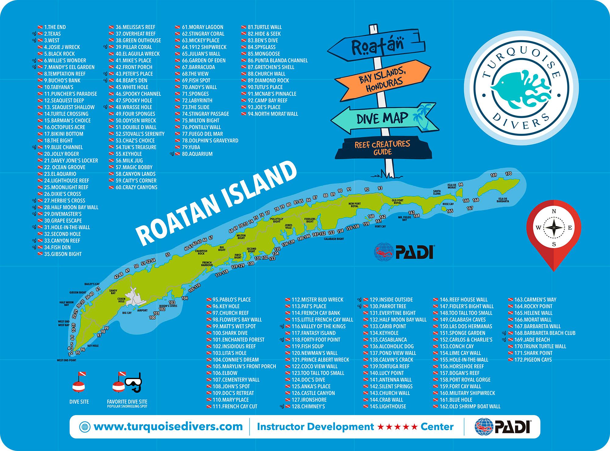 Roatan Dive Sites map Turquoise Divers