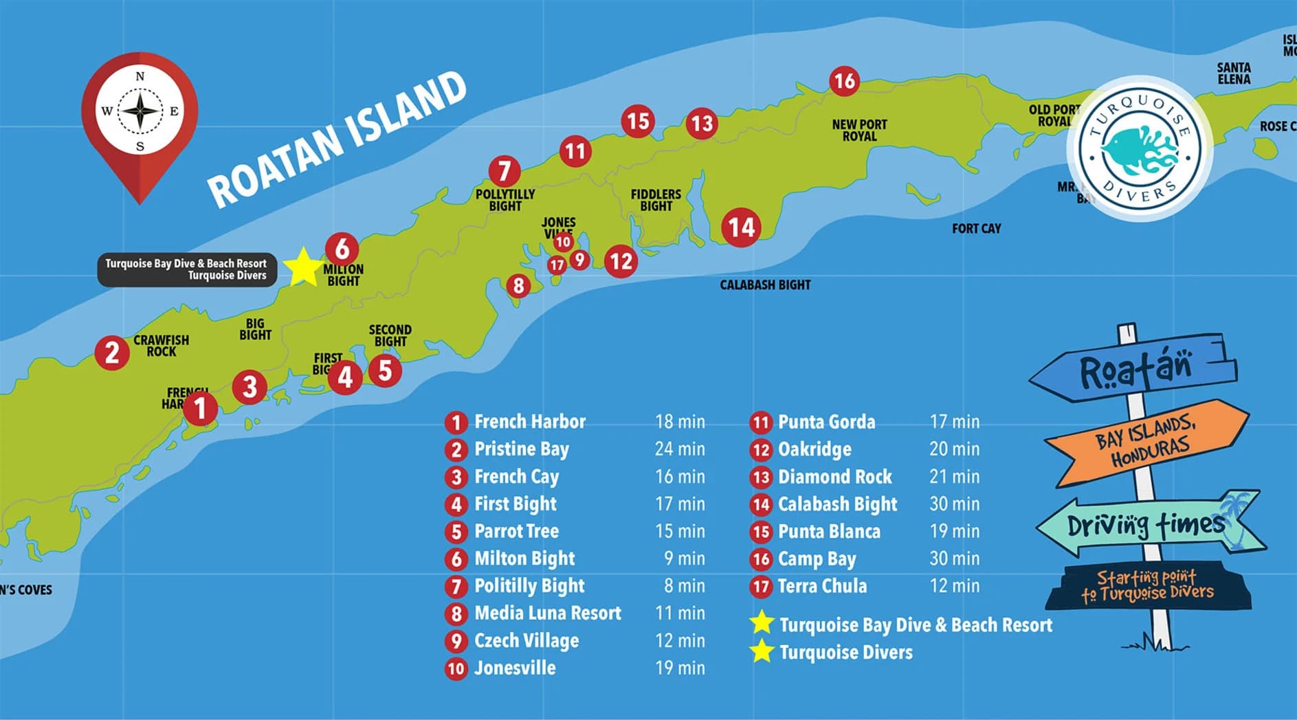 Roatan Dive Sites map Turquoise Divers